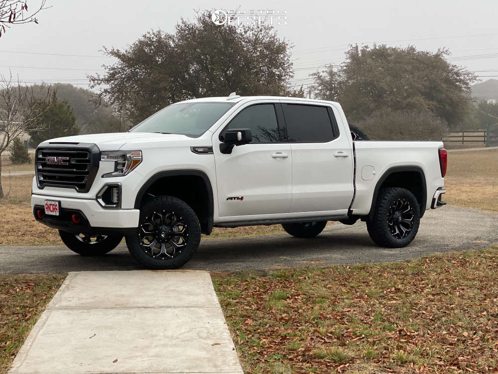 2021 GMC Sierra 1500 with 20x9 1 Fuel Assault and 295/55R20 Nitto Ridge  Grappler and Suspension Lift 4" | Custom Offsets